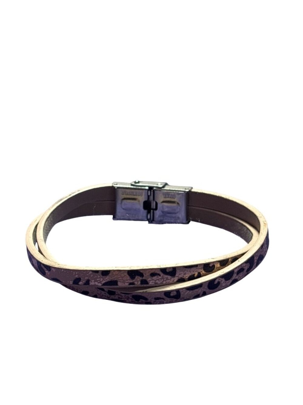 Metallic Leopard Print Faux Leather Bracelet Stainless Steel Clasp 6.75 inches